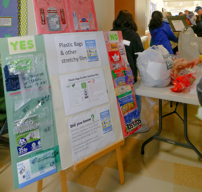 Plastic bags and film recycling information board.